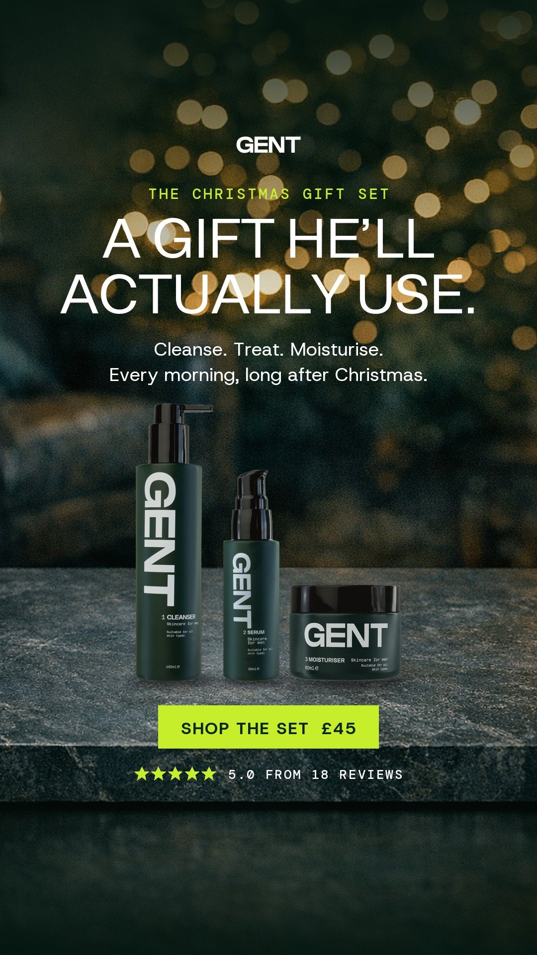 Story: GENT set by a lit Christmas tree, headline A gift he'll actually use